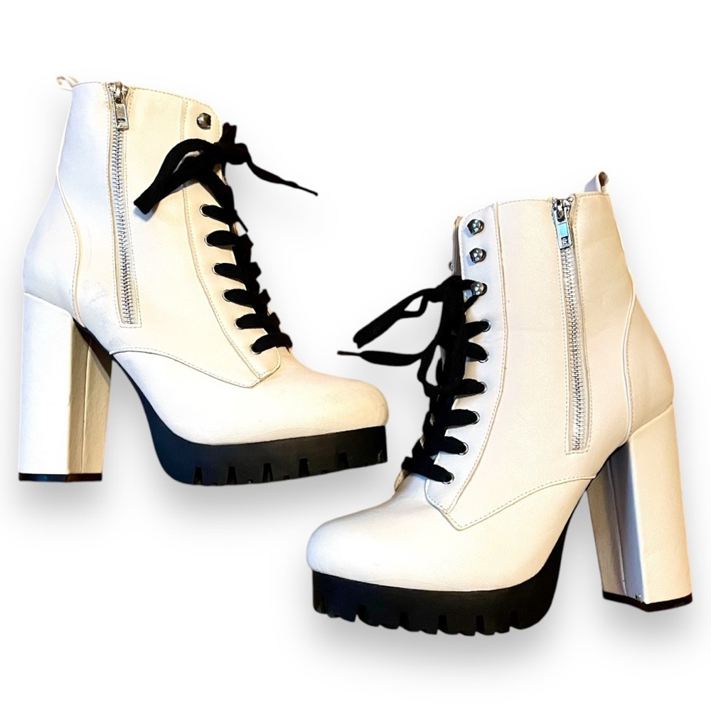 Wild Diva Sexy White Black Platform Chunky Lace-Up Zipper Heels Boots Dance Club